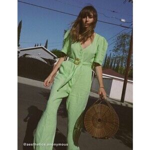 NEW Urban Outfitters Cottagecore Boho Puff Sleeve Jumpsuit Lime French Girl